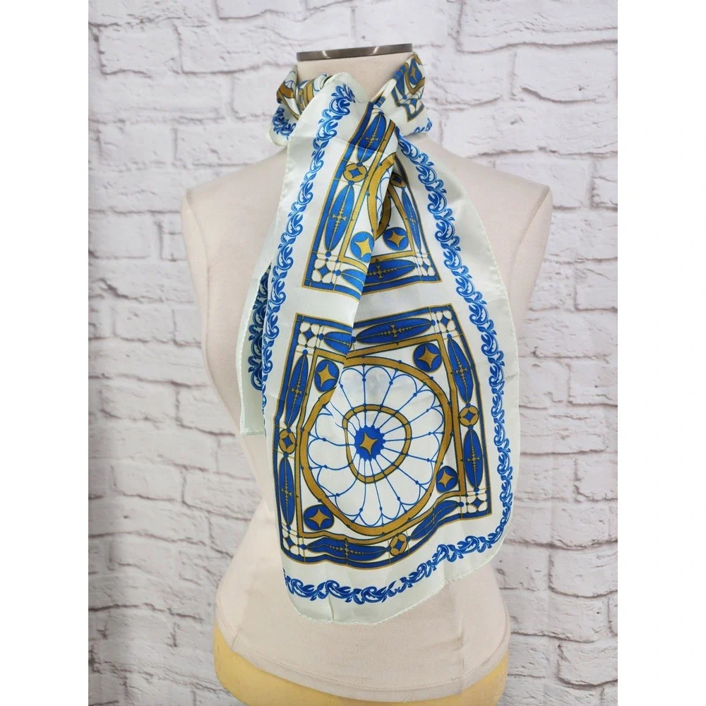 Vintage Retro Scarf Rectangle Steampunk MCM Satin Art Deco Stained Glass Blue